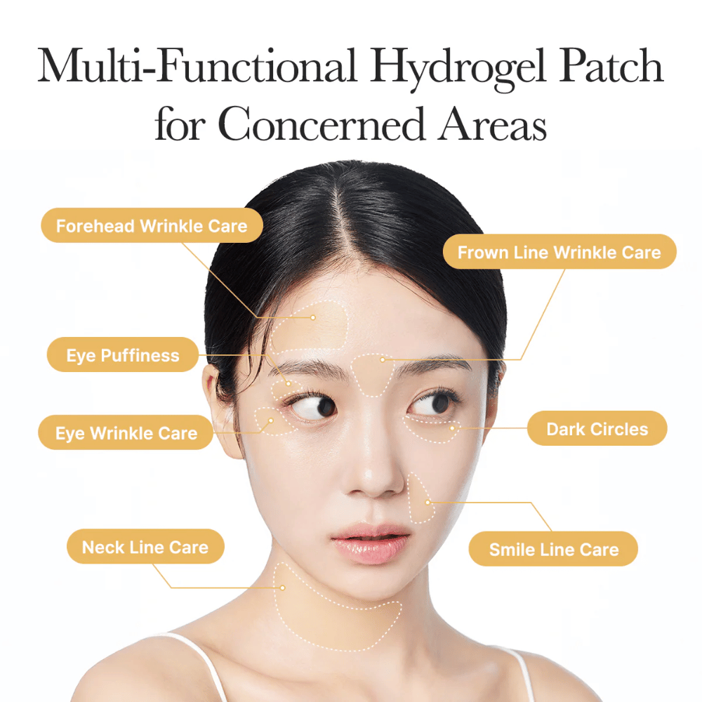 Informationsbild, das zeigt, wie die Hydrogel-Patches an mehreren Bereichen des Gesichts verwendet werden können, beispielsweise unter den Augen, auf der Stirn, zwischen den Augenbrauen, rund um den Mund und am Hals, um gegen feine Linien, dunkle Augenringe und Schwellungen zu helfen.