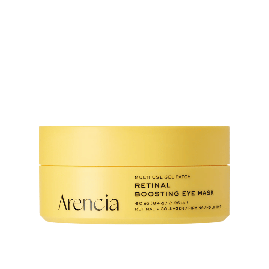Sauberes Produktbild von Arencia Retinal Boosting Eye Mask in gelber Verpackung mit minimalistischem Design und Fokus auf straffende und feuchtigkeitsspendende Augenpflege.