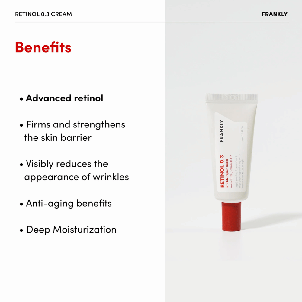 Produktbild von FRANKLY Retinol 0.3 Cream mit aufgeführtem Vorteile: fortschrittlichem Retinol, stärkt die Hautbarriere und spendet tiefenwirksam Feuchtigkeit.