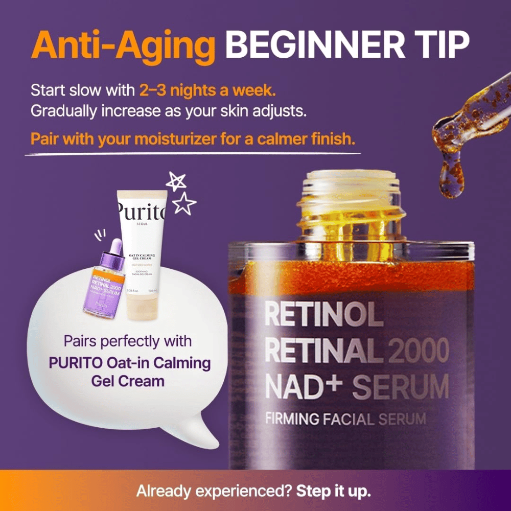 PURITO SEOUL Retinol Retinal 2000 NAD+ Serum – beginnen Sie damit, das Serum 2–3 Abende pro Woche zu verwenden, und kombinieren Sie es gerne mit einer feuchtigkeitsspendenden Creme.