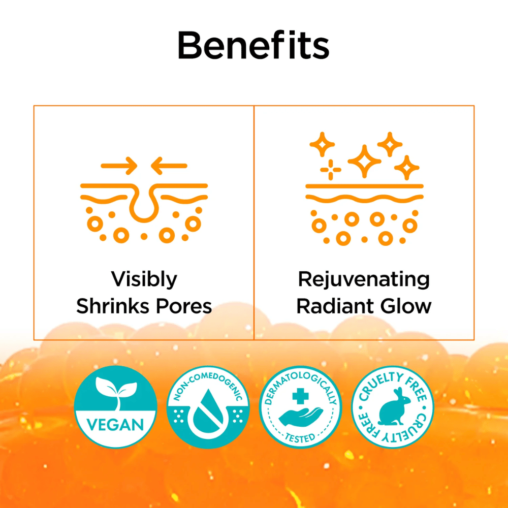 Informationsbild, das die Vorteile von P.CALM Retinolagen Ampoule hervorhebt. Der Fokus liegt darauf, Poren sichtbar zu reduzieren und der Haut einen revitalisierteren Glow zu verleihen. Symbole zeigen außerdem, dass das Produkt vegan, non-comedogenic, dermatologisch getestet und cruelty-free ist.