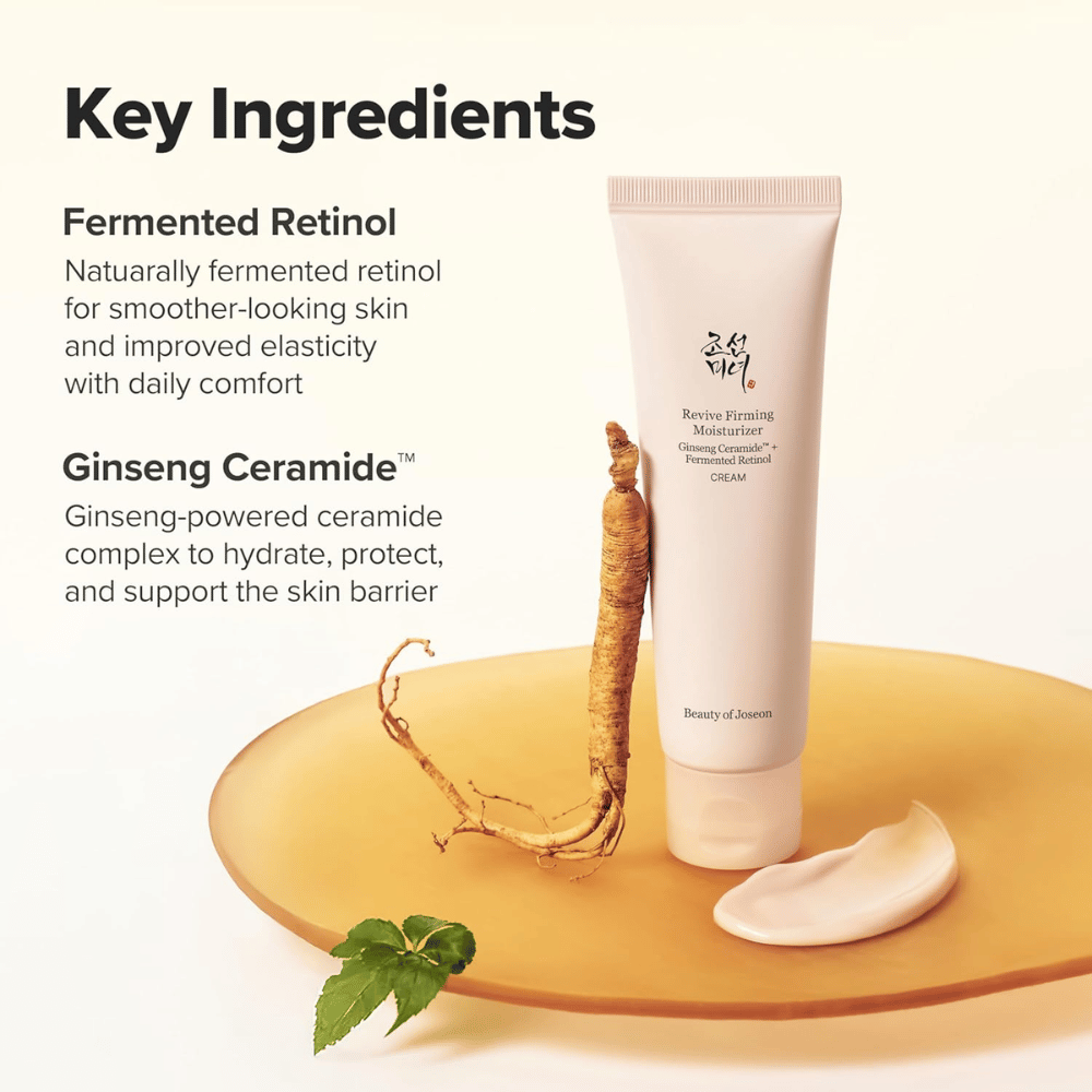 Bild – Inhaltsstoffe (SEO + EEAT)
Beauty of Joseon Revive Firming Moisturizer mit Ginseng-Ceramid und fermentiertem Retinol, die die Hautbarriere stärken und die Elastizität der Haut verbessern.