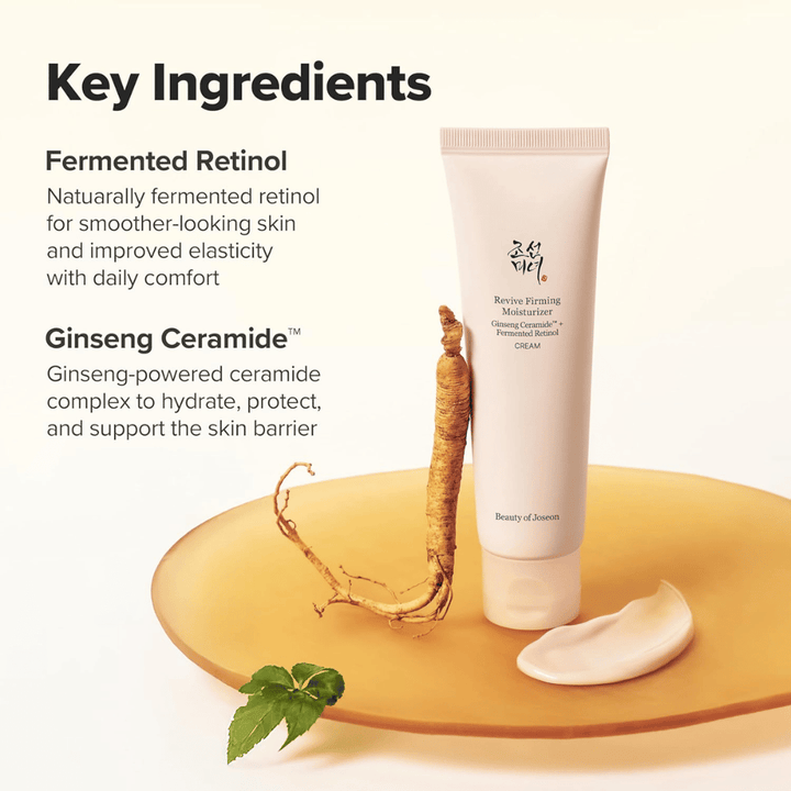 Bild – Inhaltsstoffe (SEO + EEAT)
Beauty of Joseon Revive Firming Moisturizer mit Ginseng-Ceramid und fermentiertem Retinol, die die Hautbarriere stärken und die Elastizität der Haut verbessern.