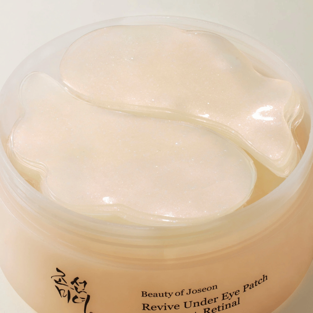 Übersichtsbild von Beauty of Joseon Revive Under Eye Patch in der Dose mit mehreren Gelpatches, koreanische Augenpflege für Trockenheit, feine Linien und müde Haut um die Augen.