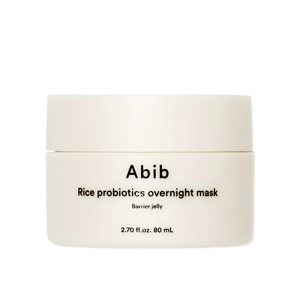 Produktbild auf Abib Rice Probiotics Overnight Mask Barrier Jelly – ein weißer Behälter mit schwarzem Text, der 80 ml Nachtmaske enthält, um die Hautbarriere zu stärken und die Haut mit Feuchtigkeit zu versorgen.