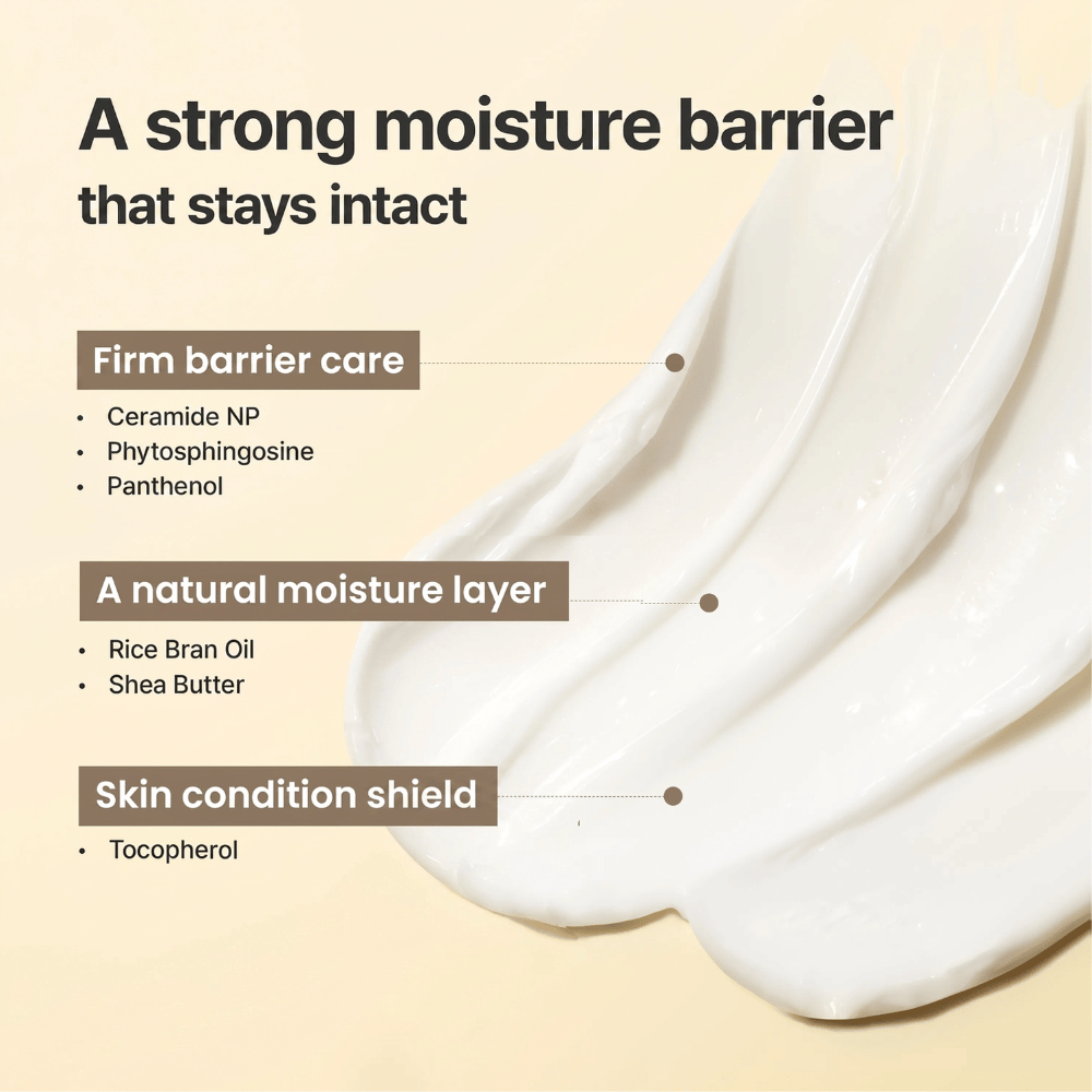 Cremetextur von I'm From Rice Cream mit Ceramiden, Panthenol und Sheabutter, die die Hautbarriere stärken