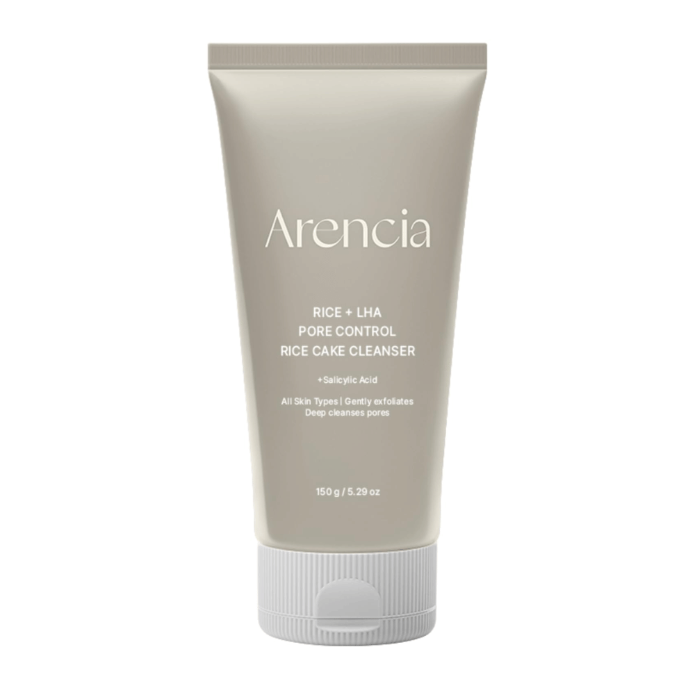 Arencia Rice + LHA Pore Control Rice Cake Cleanser in voller Ansicht vor weißem Hintergrund, koreanische Gesichtsreinigung mit Reis und LHA für sanftes Peeling und ausgeglichene Haut.
