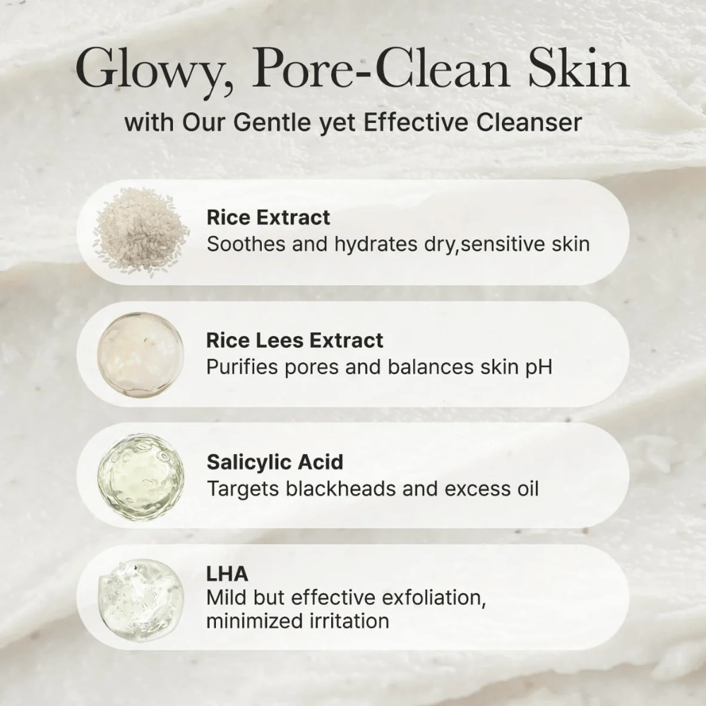 Inhaltsstoffübersicht für Arencia Rice + LHA Pore Control Rice Cake Cleanser mit Reisextrakt, Reis Lees Extrakt, Salicylsäure und LHA für beruhigende, porenreinigende und ausgleichende Wirkung.