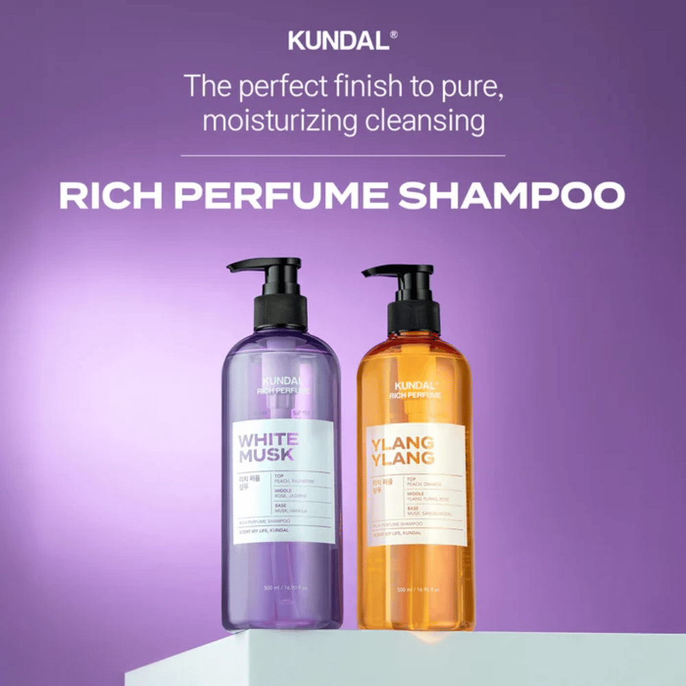 7. KUNDAL Rich Perfume Shampoo White Musk & Ylang Ylang 500 ml – reinigendes Shampoo mit feuchtigkeitsspendenden Eigenschaften in zwei Duftvarianten
