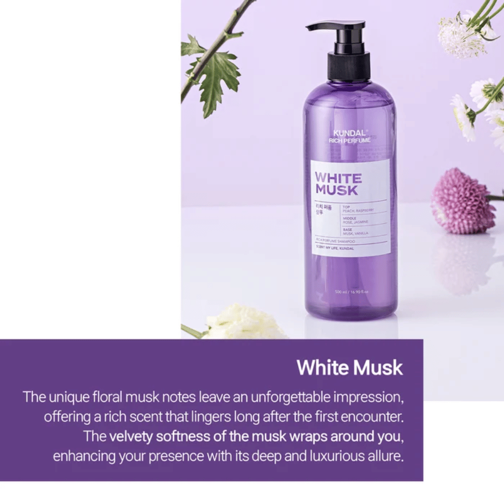 4. KUNDAL Rich Perfume Shampoo White Musk – violette Shampooflasche mit blumigen Noten und weichem Moschusduft
