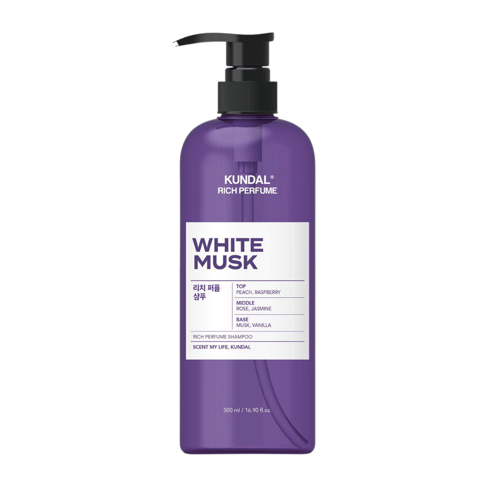 2. KUNDAL Rich Perfume Shampoo White Musk 500 ml – schampo med doft av persika, hallon, ros, jasmin, mysk och vanilj
