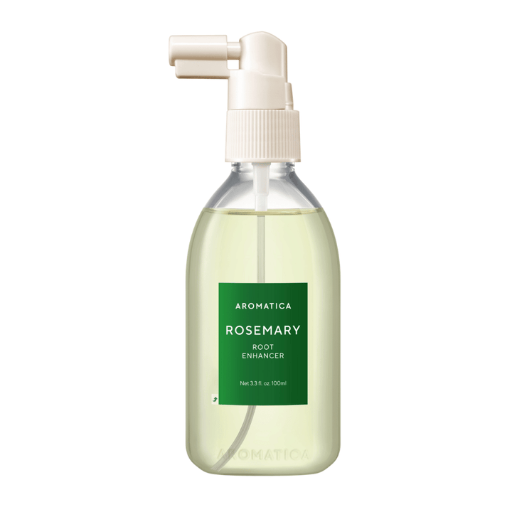 AROMATICA Rosemary Root Enhancer in transparenter Flasche mit grünem Etikett und praktischer Applikatorspitze. Freigestelltes Produktbild, das das Design und den Inhalt der Verpackung deutlich zeigt.