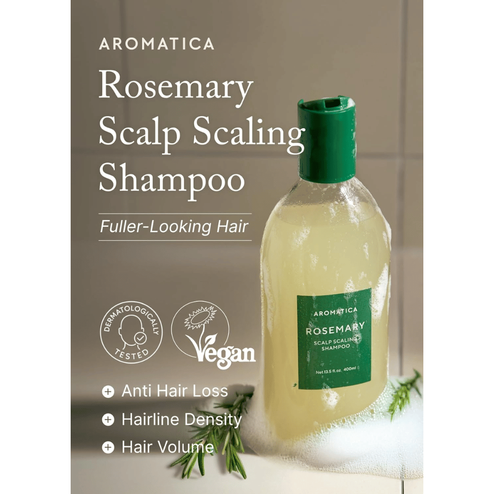 AROMATICA Rosemary Scalp Scaling Shampoo zur Reinigung und Exfoliation der Kopfhaut, was zu vermindertem Haarausfall, mehr Haarvolumen und einer gesunden Kopfhaut beiträgt.
