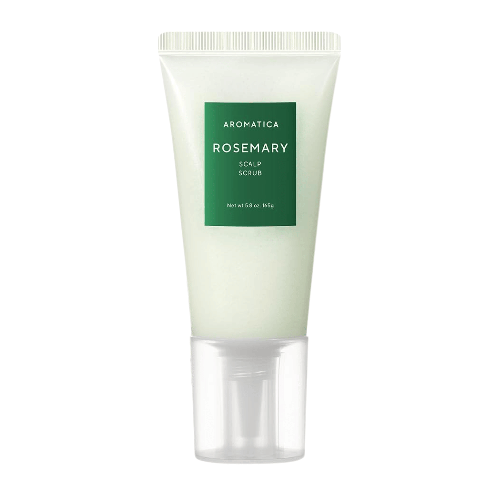 4. AROMATICA Rosemary Scalp Scrub 165 g – exfolierendes Kopfhautpeeling mit Rosmarin in hellgrüner Tube vor weißem Hintergrund
