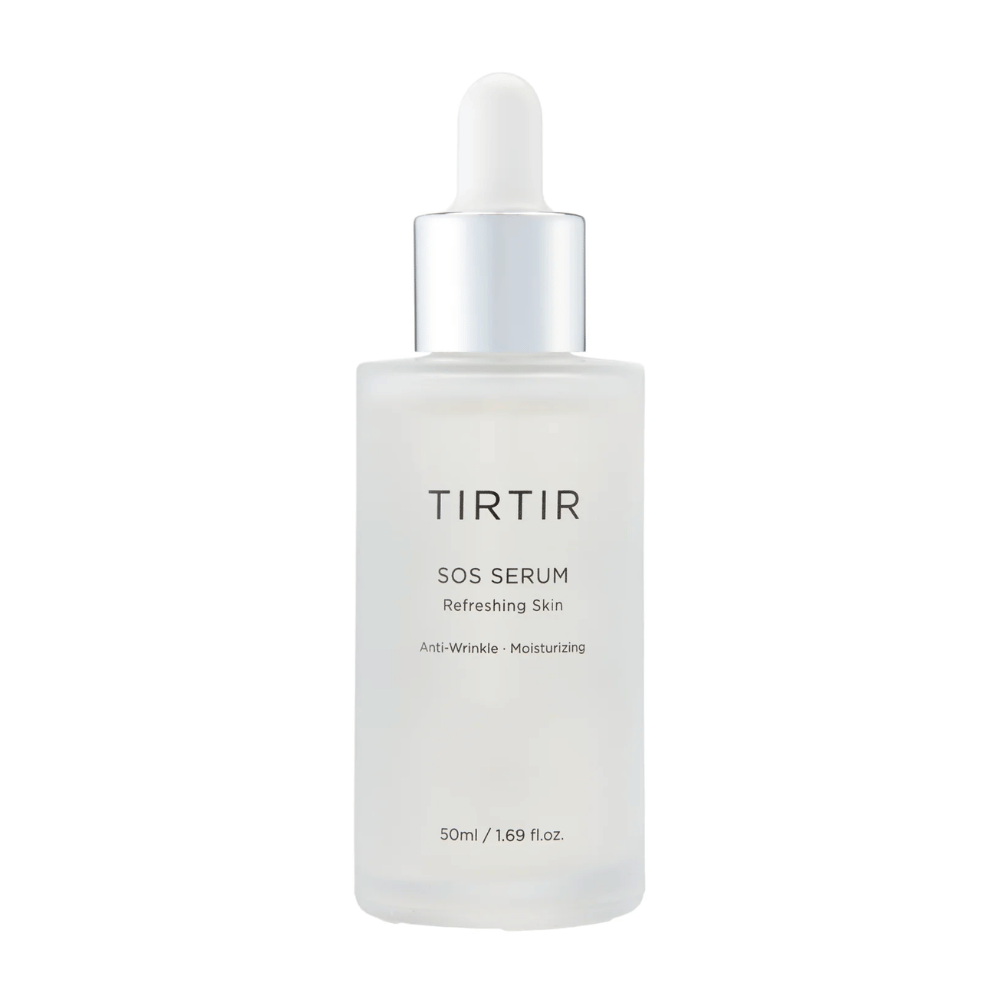 Flasche mit TIRTIR SOS Serum, vorgesehen für erfrischende und feuchtigkeitsspendende Hautpflege.