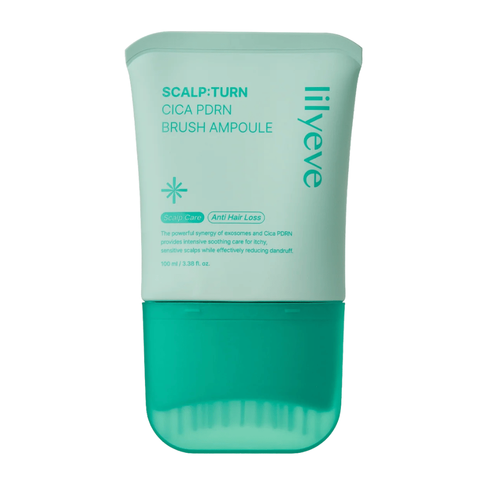 Freigestelltes Produktbild von LILYEVE Scalp:Turn Cica PDRN Brush Ampoule vor weißem Hintergrund. Das Design zeigt die türkise Verpackung mit integriertem Bürstenapplikator für eine einfache Anwendung direkt auf der Kopfhaut.