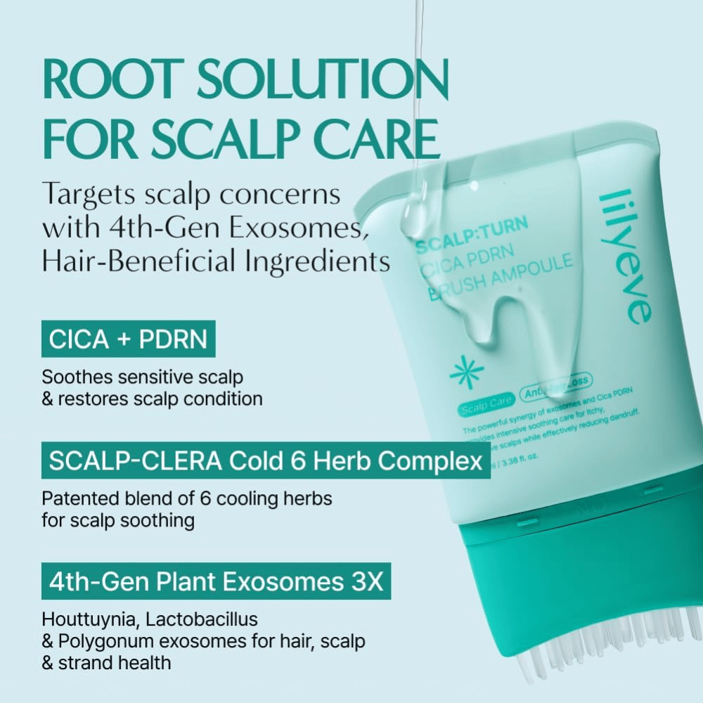 Produktbild von LILYEVE Scalp:Turn Cica PDRN Brush Ampoule mit Beschreibung der Schlüsselinhaltsstoffe. Das Bild hebt CICA, PDRN, kühlenden Kräuterkomplex und pflanzliche Exosomen hervor, die dabei helfen, empfindliche Kopfhaut zu beruhigen und zu pflegen.