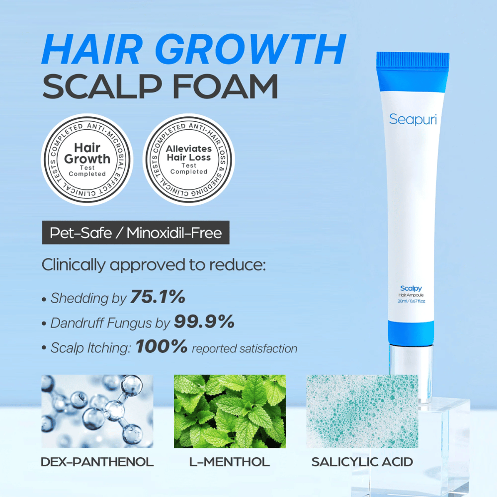 Seapuri Scalpy Hair Serum wird mit Text angezeigt, der die klinisch nachgewiesene Wirkung hervorhebt: reduzierter Haarausfall und Schuppen, erhöhtes Haarwachstum und beruhigte Kopfhaut.
