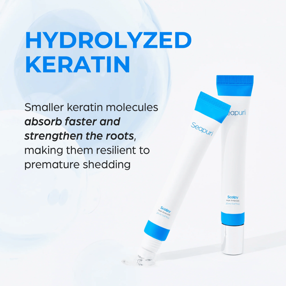Zwei Tuben von Seapuri Scalpy Hair Serum werden gezeigt. Der Text beschreibt hydrolysiertes Keratin, das die Haarfollikel stärkt und Haarausfall entgegenwirkt.