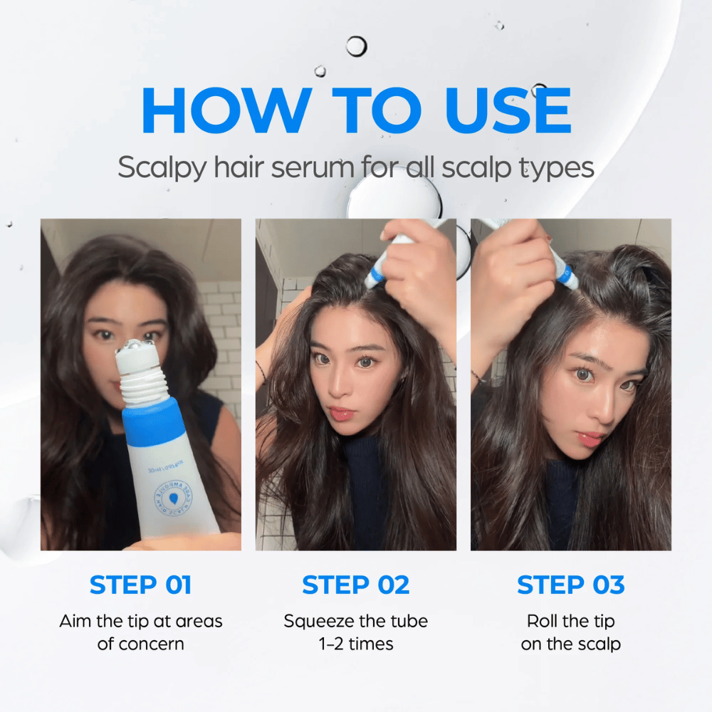Eine Frau trägt Seapuri Scalpy Hair Serum auf die Kopfhaut auf. Eine Schritt-für-Schritt-Anleitung zeigt, wie man den Applikator für das beste Ergebnis richtet, drückt und rollt.
