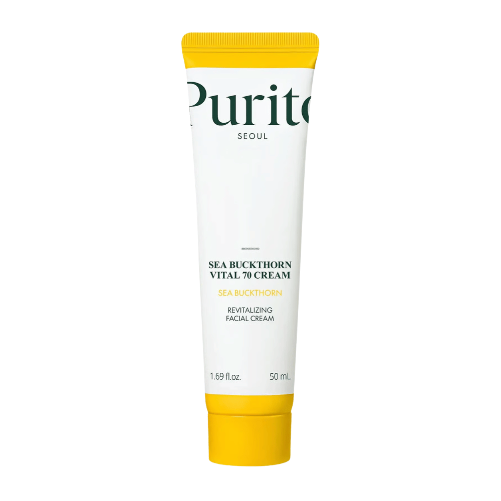 2. Purito SEOUL Sea Buckthorn Vital 70 Cream 50 ml – feuchtigkeitsspendende Gesichtscreme mit 70 % Sanddornextrakt in weißer Tube mit gelbem Verschluss vor weißem Hintergrund