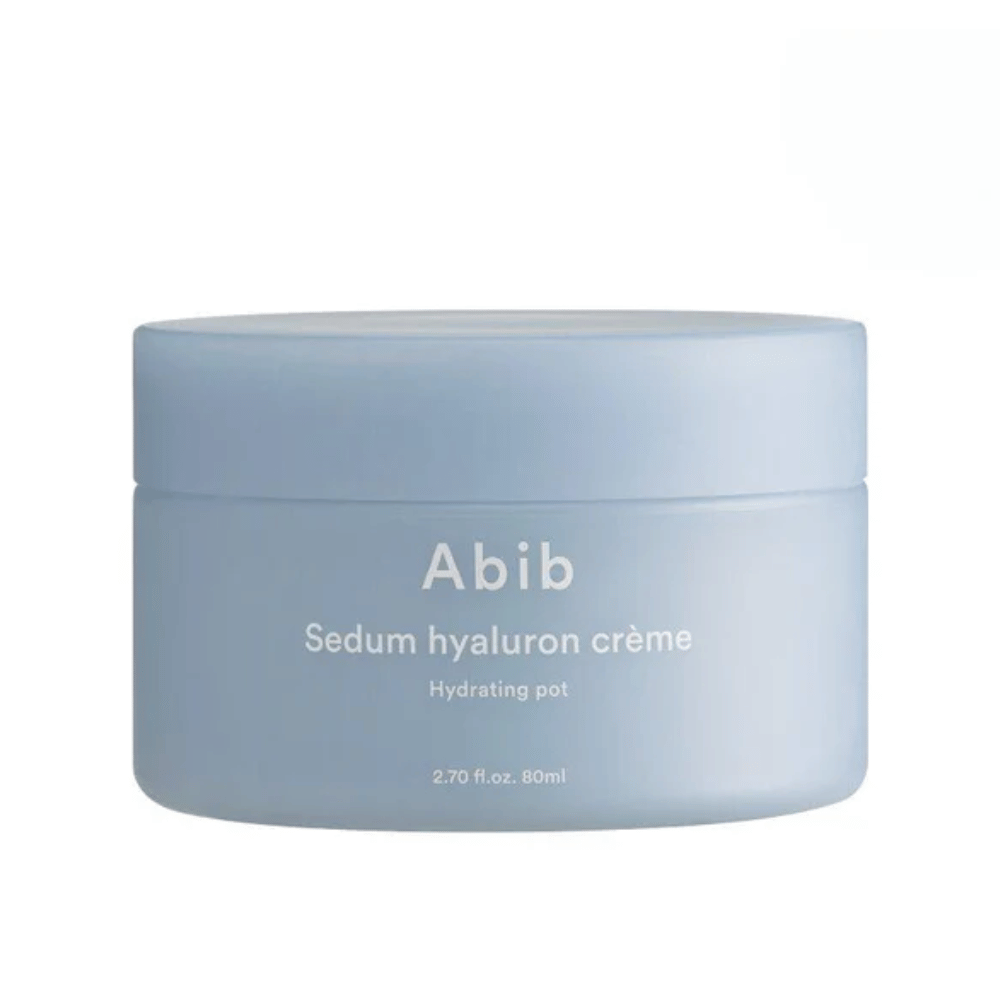 Abib Sedum Hyaluron Crème Hydrating Pot 80 ml in einem stilvollen, hellblauen runden Behälter mit weißem Text.