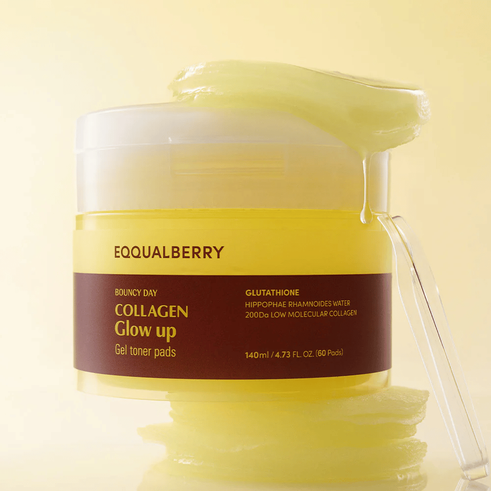 Bouncy Day Collagen Glow up Gel Toner Pads som innehåller låg molekylär kollagen och glutation för att ge huden en hälsosam glöd och fukt.
