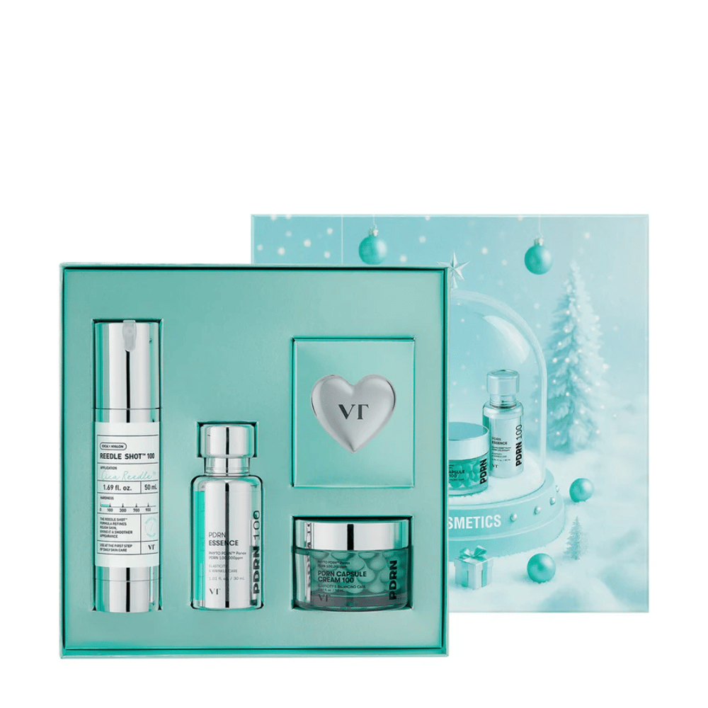 VT Cosmetics Shining Holiday Set – elegante Geschenkbox mit Reedle Shot 100, PDRN Essence, PDRN Kapselcreme und Schlüsselanhänger.