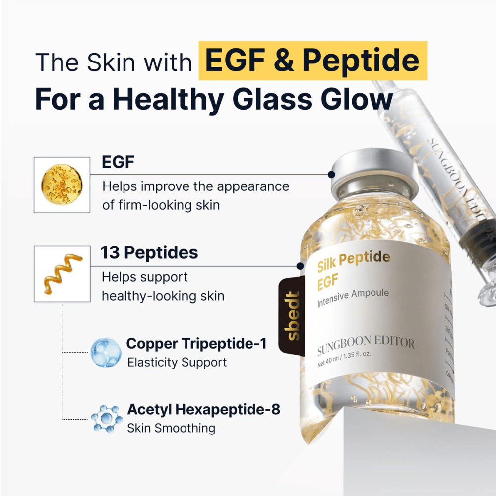 Silk Peptide EGF Intensive Ampoule enthält EGF, 13 Peptide sowie Kupfertripeptid-1 und Acetylhexapeptid-8, die zusammen dazu beitragen, die Elastizität der Haut zu unterstützen, das Hautbild zu verbessern und einen natürlichen Glow zu verleihen.