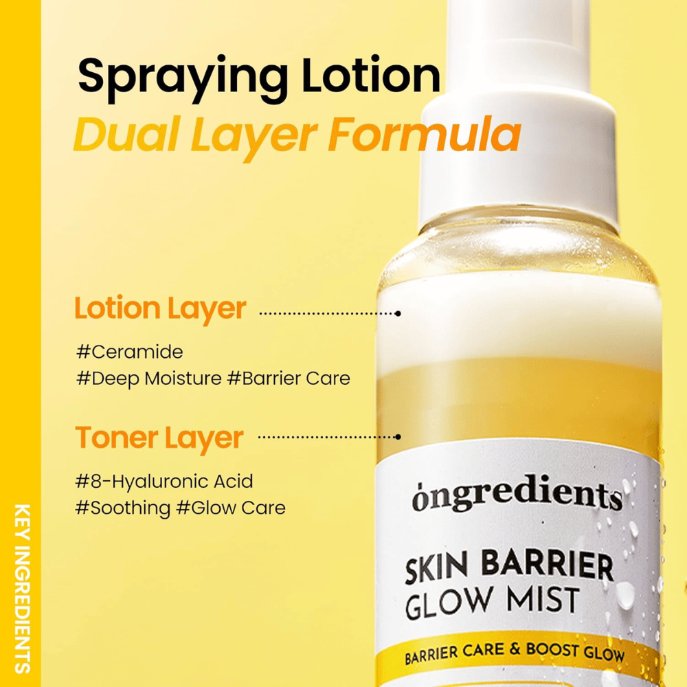 Ongredients Skin Barrier Glow Mist Dual-Layer-Gesichtsspray mit Hyaluronsäure und Ceramiden, das tiefenwirksam Feuchtigkeit spendet und die Hautbarriere schützt.