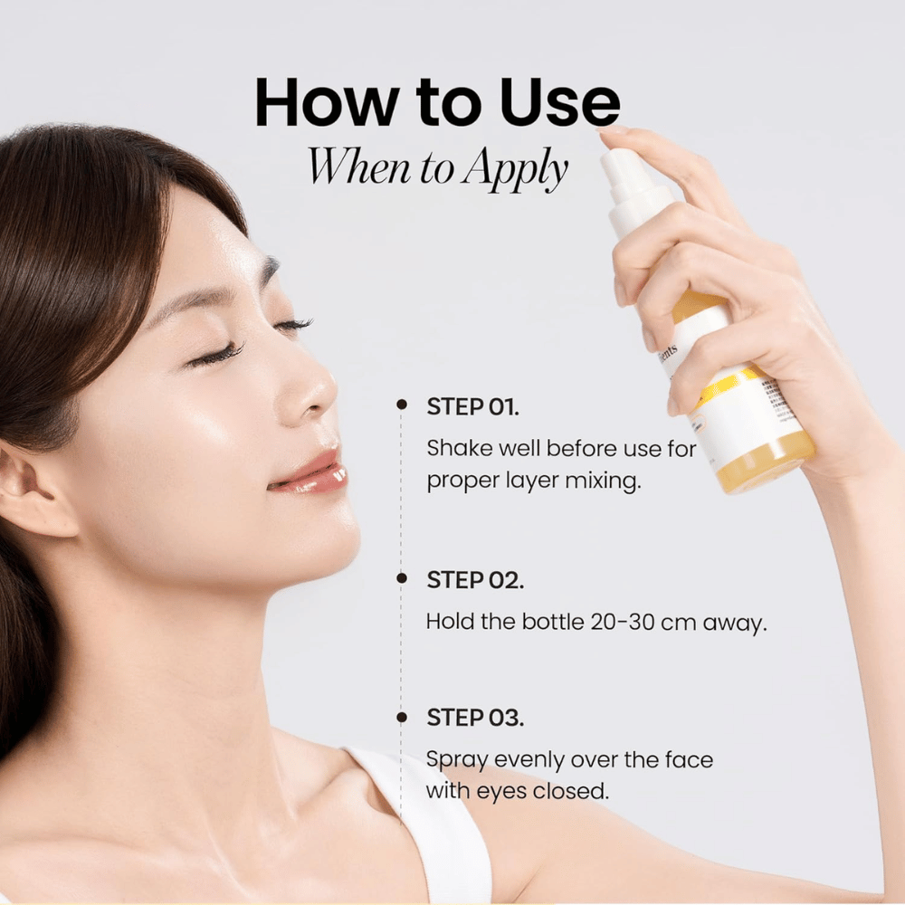 Ongredients Skin Barrier Glow Mist wird als Gesichtsspray aus 20–30 cm Entfernung von der Haut verwendet für schnelle Feuchtigkeitsversorgung, Glow und Erfrischung im Laufe des Tages.