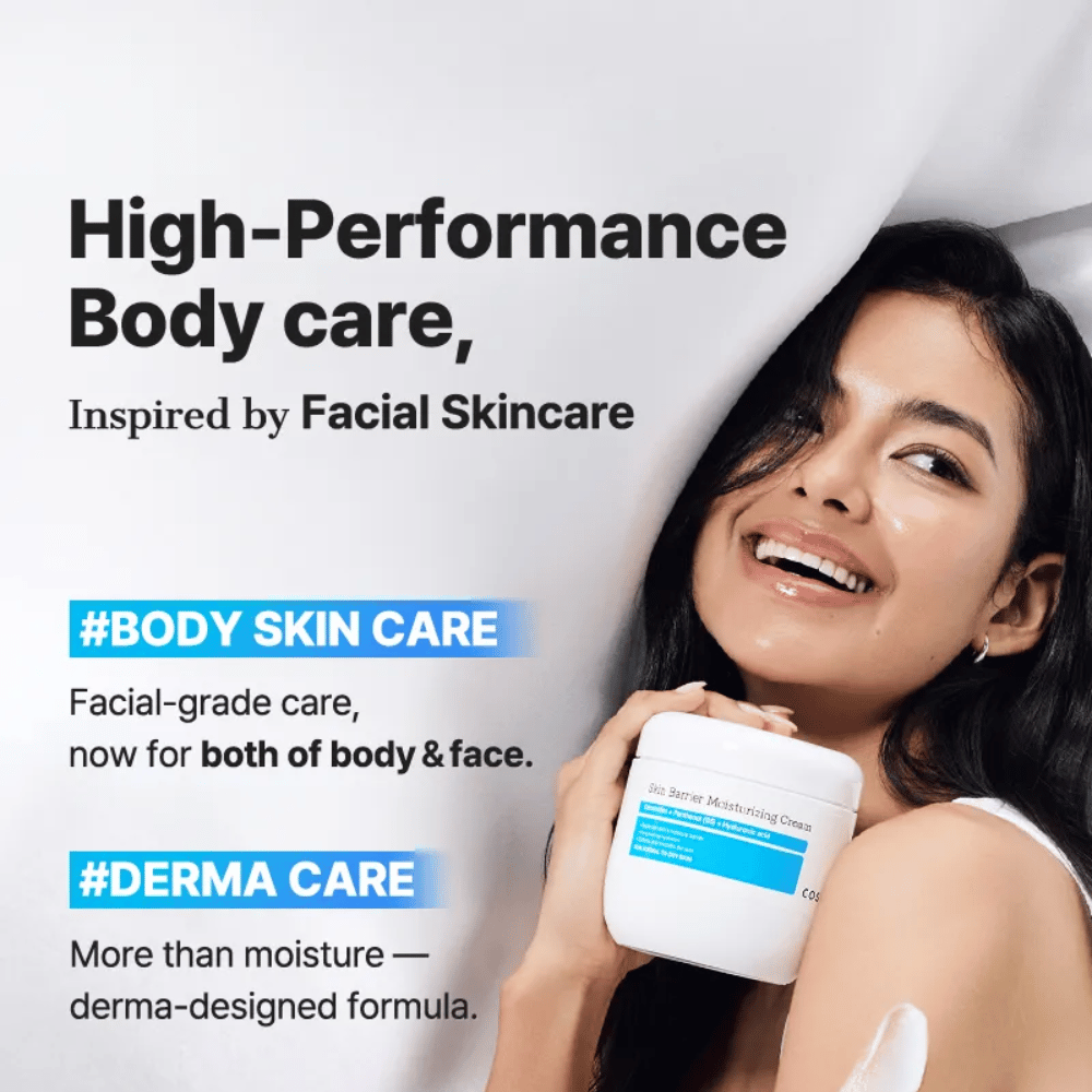 Frau mit COSRX Skin Barrier Cream – kraftvolle Körperpflege mit Gesichtspflegequalität und Dermaformel.