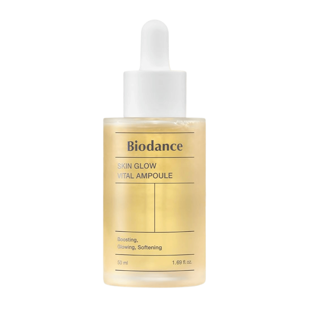 Flasche mit Biodance Skin Glow Vital Ampoule, ein Gesichtsampulle, die boostet, Glanz verleiht und die Haut weich macht. Enthält 50 ml und ist dafür konzipiert, der Haut ein strahlendes und vitalisiertes Gefühl zu geben.