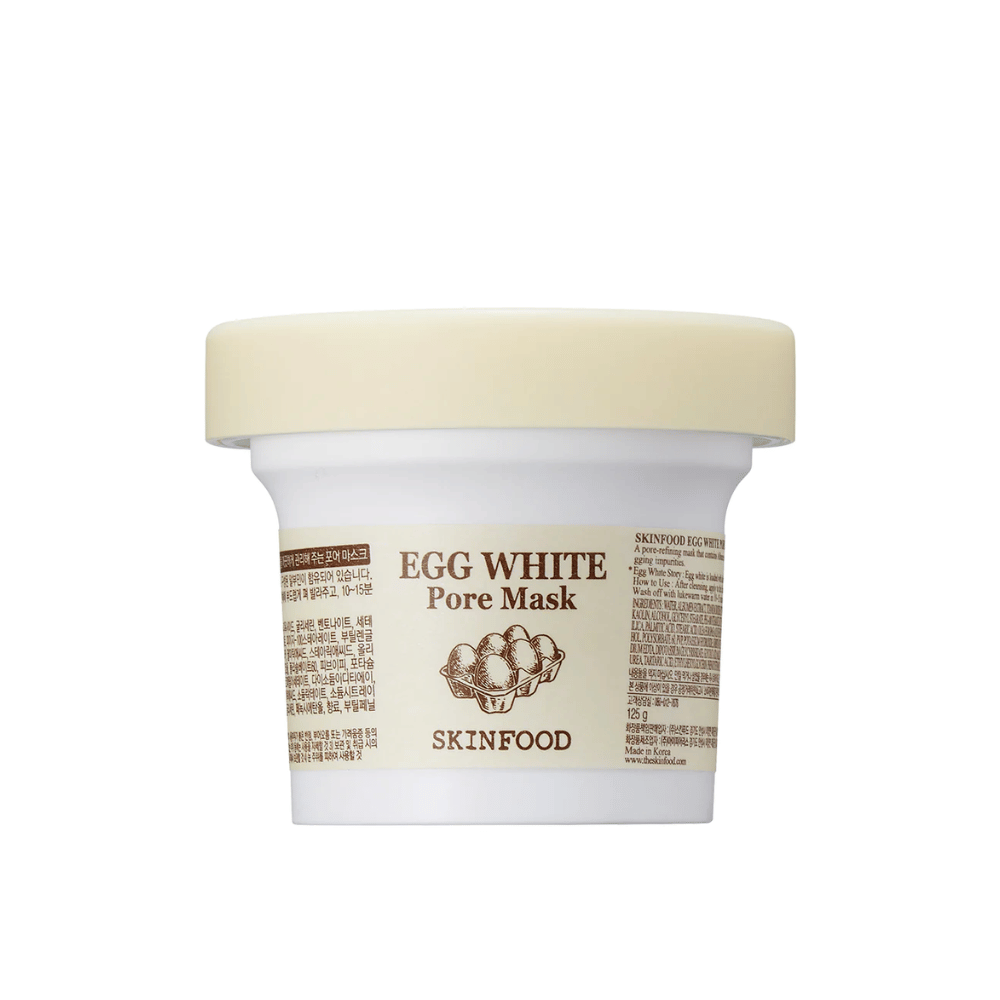 EN SKINFOOD Egg White Pore Mask 120g auf weißem Hintergrund, entworfen für die Reinigung der Poren und die Verbesserung der Haut.