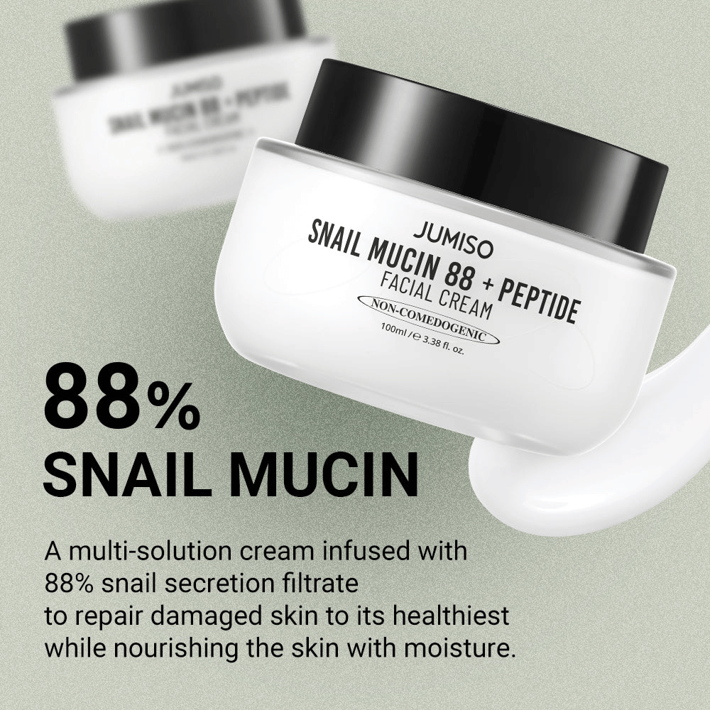 JUMISO Snail Mucin 88 + Peptide Facial Cream mit 88 % Schneckensekret-Filtrat, entwickelt zur Reparatur geschädigter Haut und zur tiefenwirksamen Feuchtigkeitspflege. Der Text auf dem Bild beschreibt seine regenerierenden und feuchtigkeitsspendenden Eigenschaften.