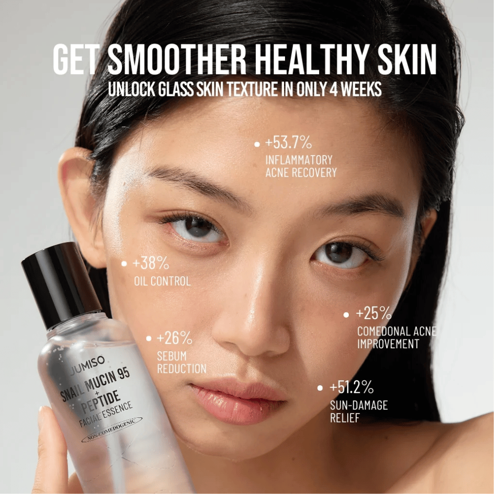 Frau mit gleichmäßigem Hautton hält Jumiso Snail Mucin 95 + Peptide Facial Essence. Der Text zeigt Verbesserungen wie weniger Akne, weniger Öl und erhöhte Hautregeneration.