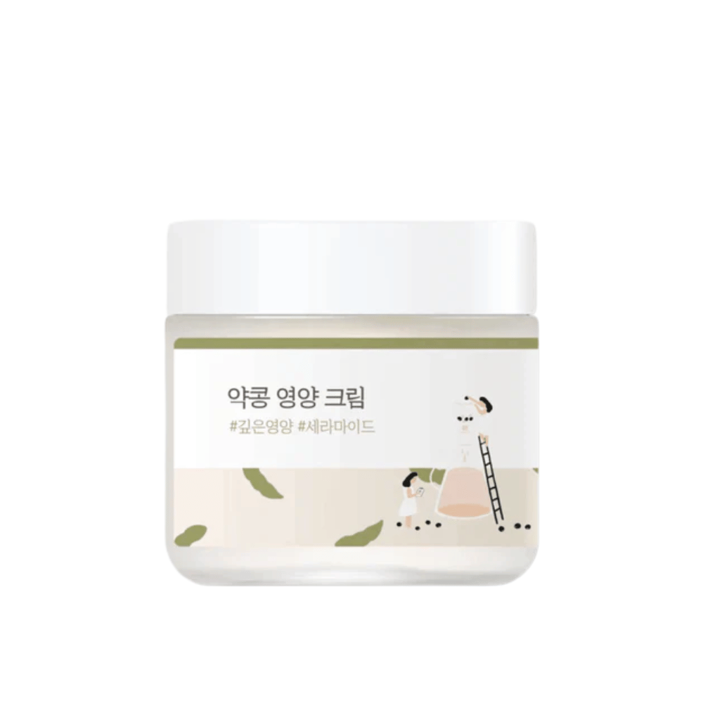 Mixsoon Soybean Nourishing Cream in einem Glasgefäß mit weißem Deckel und grünem Etikett. Eine tief nährende Creme für trockene und empfindliche Haut.
