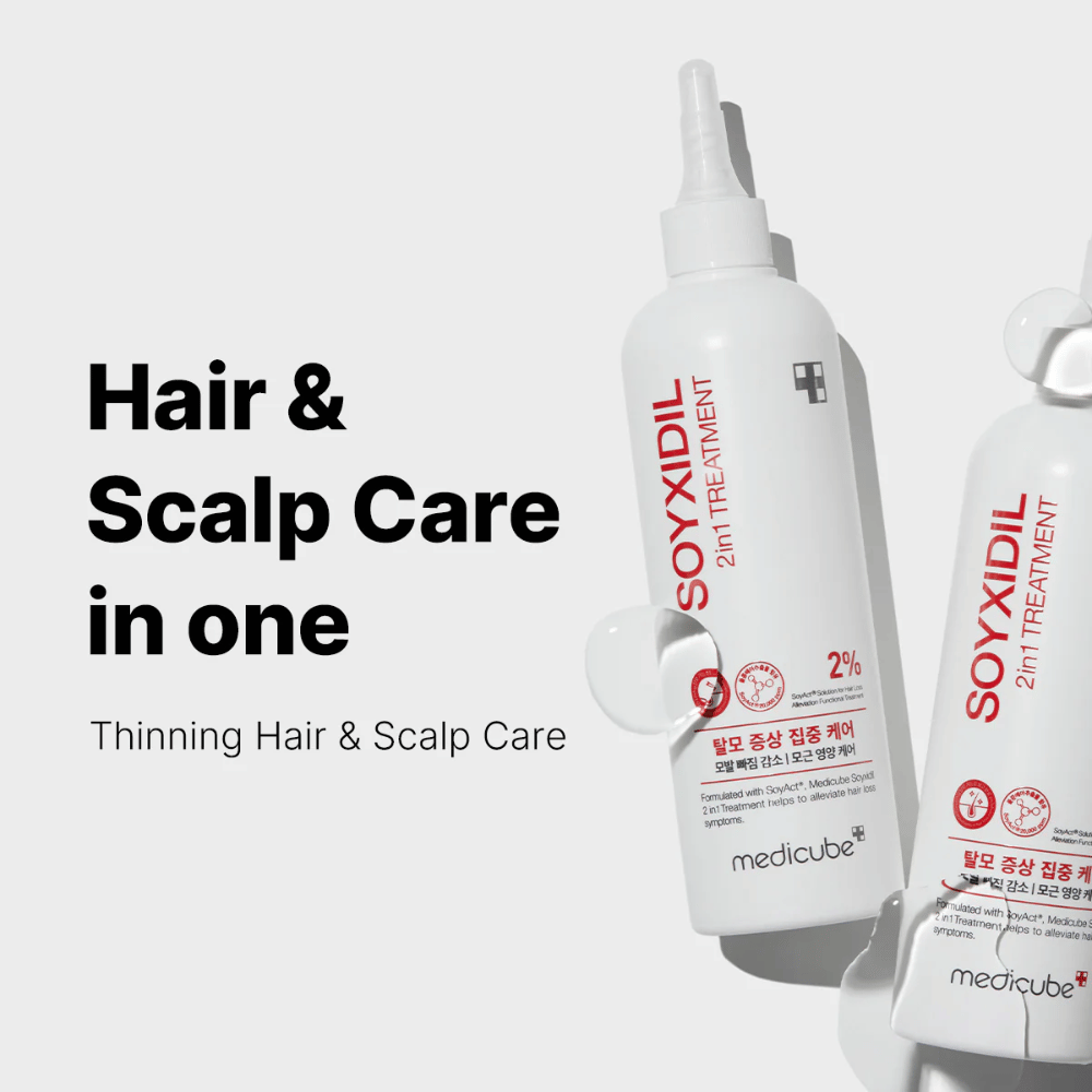 Medicube Soyxidil 2in1 Treatment wird mit dem Text „Hair & Scalp Care in one – Thinning Hair & Scalp Care“ angezeigt. Für stärkeres Haar und gesündere Kopfhaut.