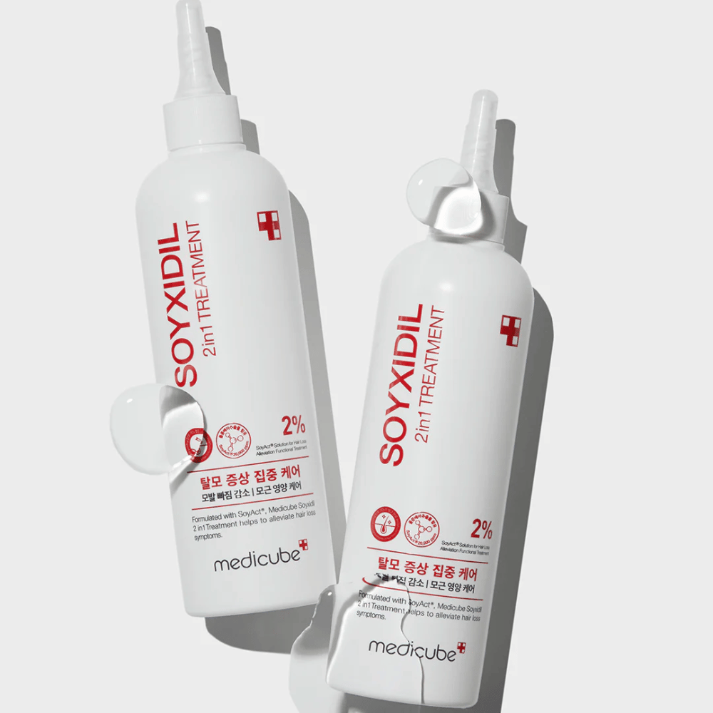 Zwei Flaschen von Medicube Soyxidil 2in1 Treatment mit dem klaren Text „2% SoyAct™ Solution“. Pflegende Behandlung gegen Haarausfall und trockene Kopfhaut.