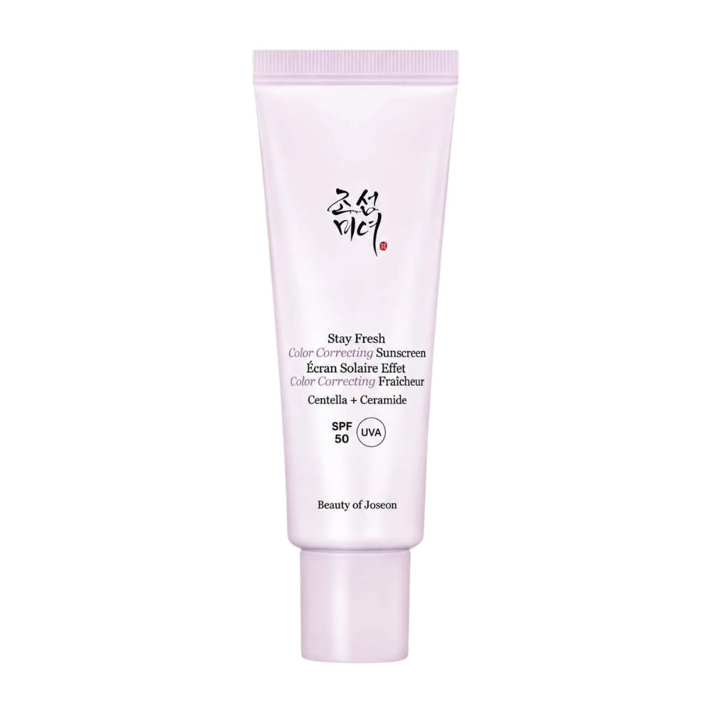 4. Beauty of Joseon Stay Fresh Color Correcting Sunscreen SPF 50 – lila farbkorrigierende Sonnencreme vor weißem Hintergrund