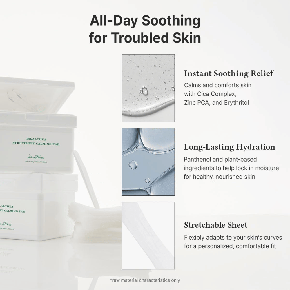 Bild – Wirkung / Vorteile (Conversion)
Dr. Althea Stretchfit Calming Pad die langanhaltende Feuchtigkeit spenden, Irritationen reduzieren und empfindliche Haut den ganzen Tag kühlen.