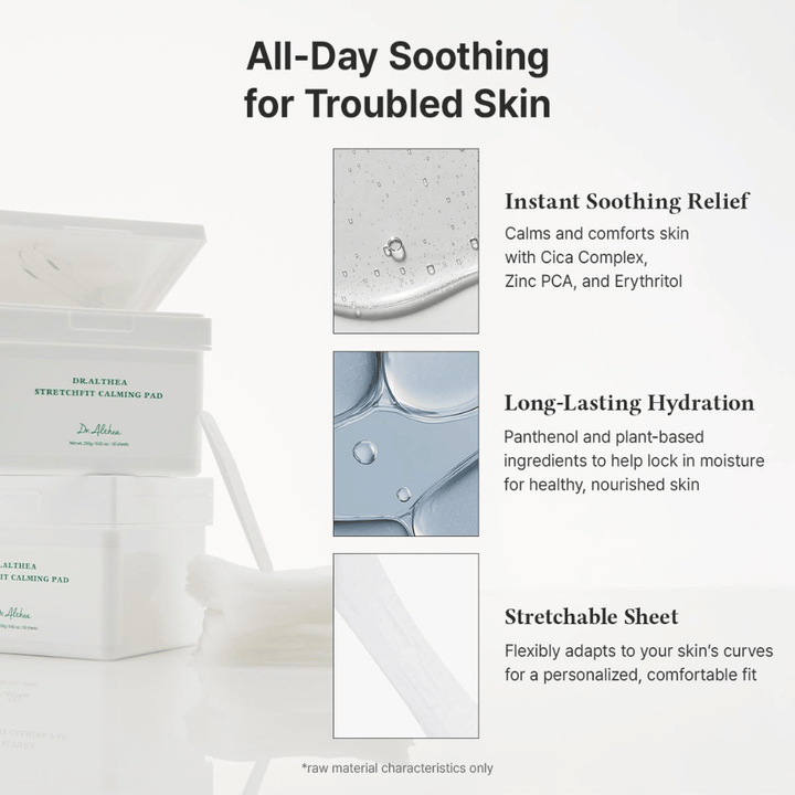 Bild – Wirkung / Vorteile (Conversion)
Dr. Althea Stretchfit Calming Pad die langanhaltende Feuchtigkeit spenden, Irritationen reduzieren und empfindliche Haut den ganzen Tag kühlen.
