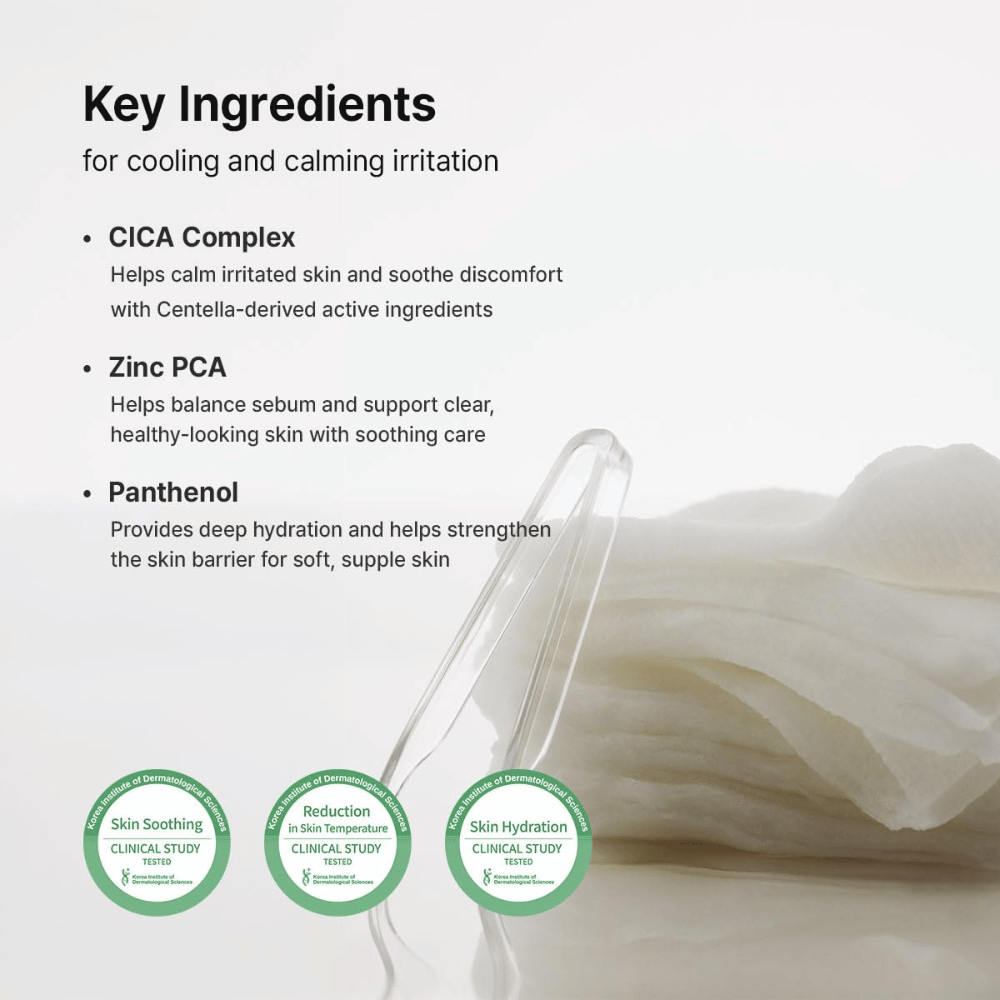 Bild – Inhaltsstoffe (EEAT + SEO)
Dr. Althea Stretchfit Calming Pad mit CICA Complex, Zinc PCA und Panthenol, die die Haut beruhigen, Talg ausgleichen und die Hautbarriere stärken.