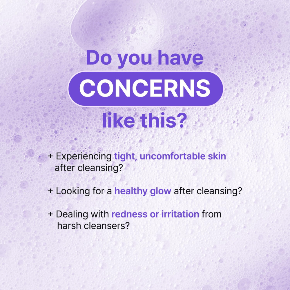 Illustration mit Fragen zu Hautproblemen wie Trockenheit, Reizung und Spannungsgefühl nach der Reinigung, mit Fokus auf die beruhigende Wirkung von TIA'M Snail & Azulene Low pH Cleanser.