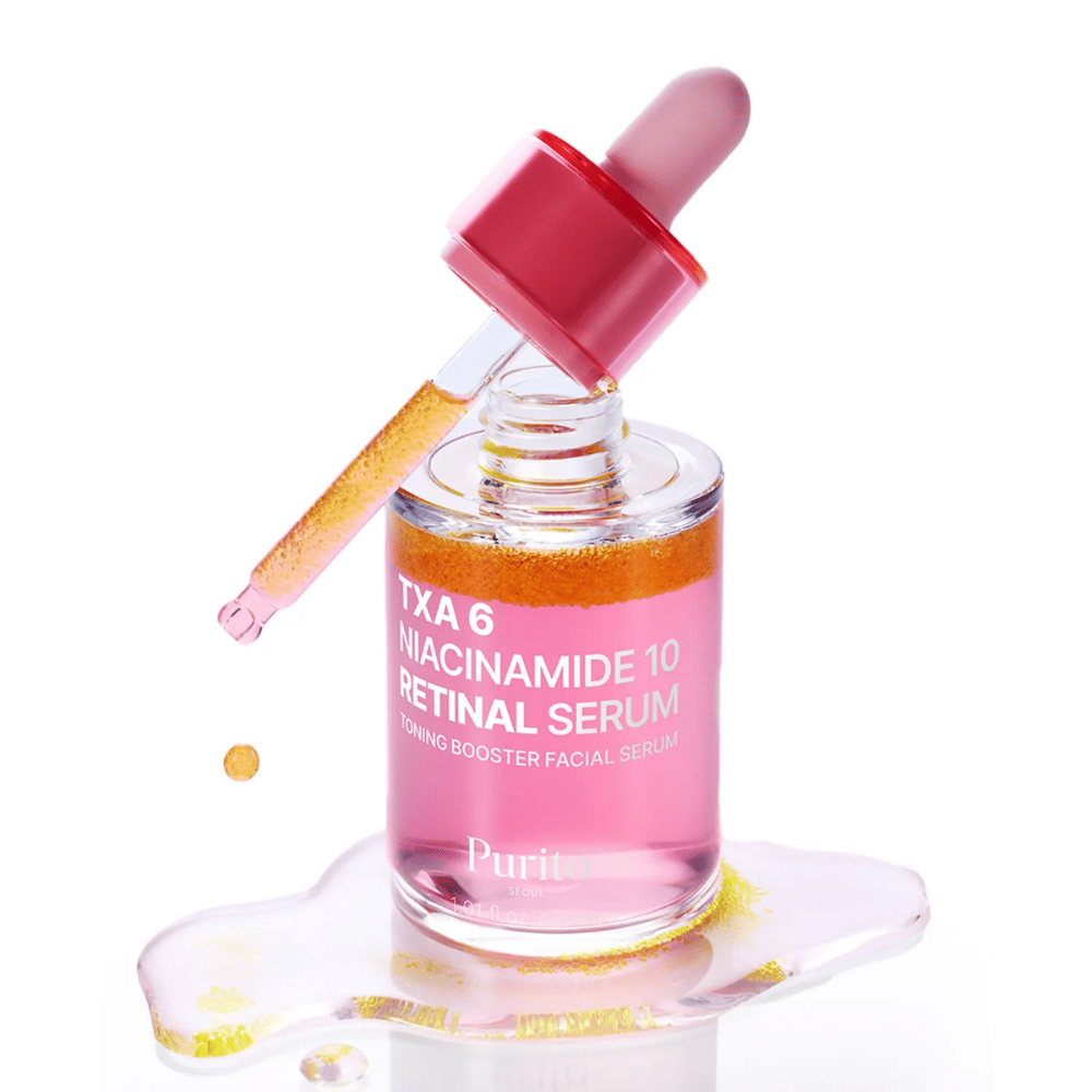 Purito TXA 6 Niacinamide 10 Retinal Serum – rosa Toning-Booster-Serum mit Pipette. Kombiniert TXA, Niacinamid und Retinal für einen gleichmäßigen Hautton.