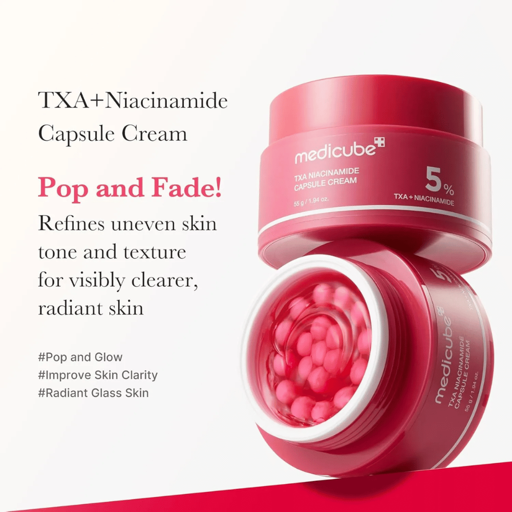 Medicube TXA Niacinamide Capsule Cream med text om hudtonutjämning och lyster, visar öppen burk med rosa kapslar och produktens förpackning bredvid.