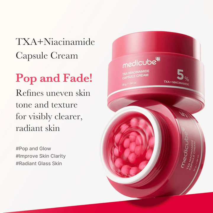 Medicube TXA Niacinamide Capsule Cream med text om hudtonutjämning och lyster, visar öppen burk med rosa kapslar och produktens förpackning bredvid.