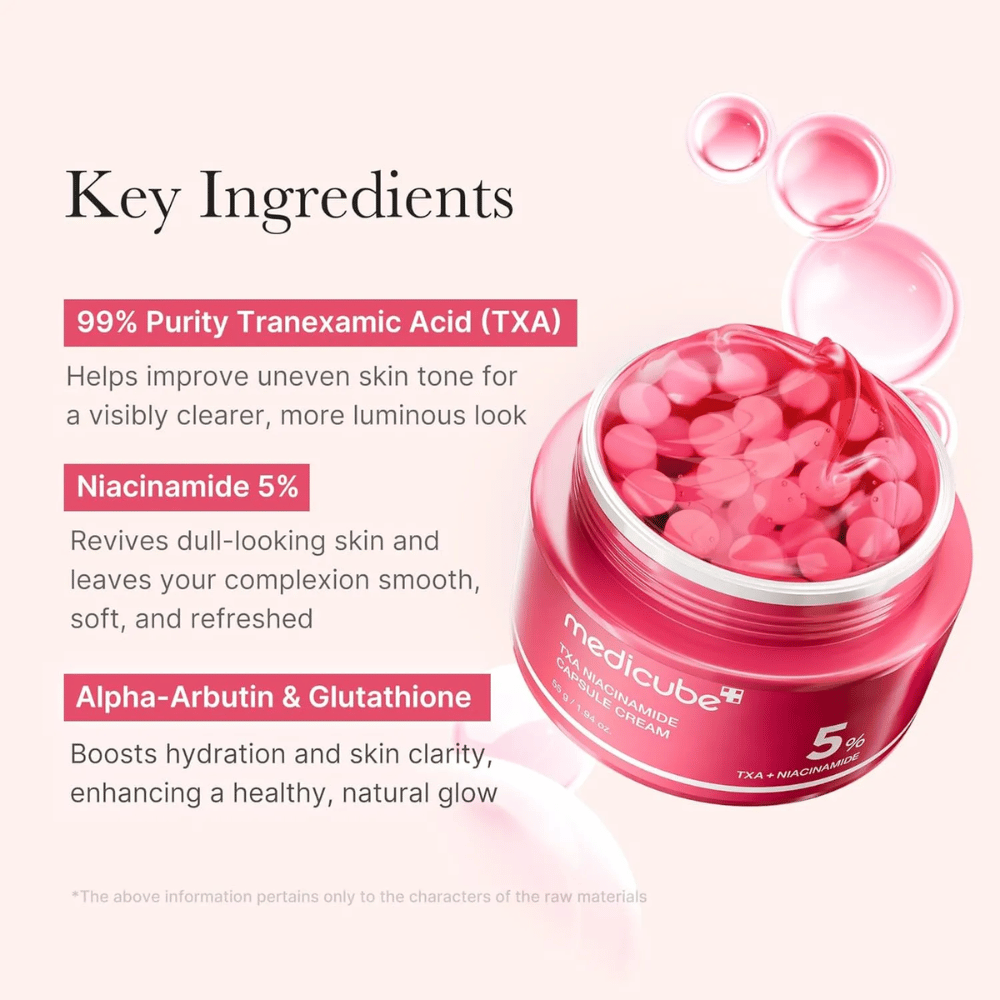 Närbild av Medicube TXA Niacinamide Capsule Cream med rosa kapslar i en burk, tillsammans med information om nyckelingredienser som tranexamsyra, niacinamid, alpha-arbutin och glutation.