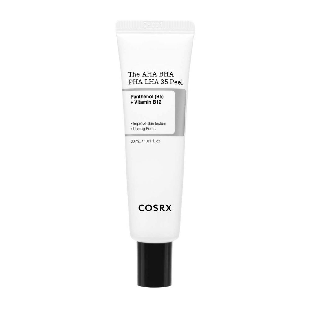 COSRX AHA BHA PHA LHA 35 Peel, ein Peeling-Produkt mit Panthenol (B5) und Vitamin B12. Verbessert die Hautstruktur und reinigt verstopfte Poren. Inhalt: 30 ml.