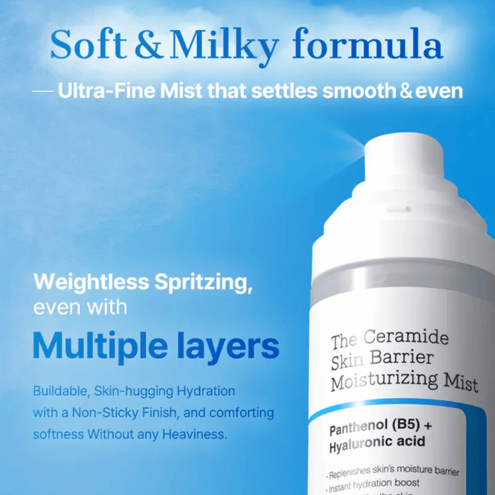 COSRX Ceramide Skin Barrier Mist – mjuk och mjölkig formula som ger lätt återfuktning utan klibbighet.